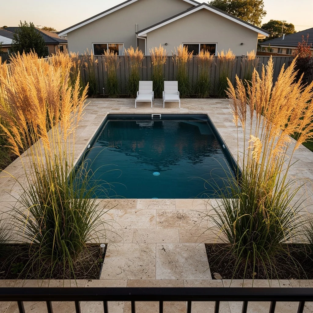 The Dark Pool with Travertine Paving, Karl Foerster Grasses, and a Grey Fence as Screen