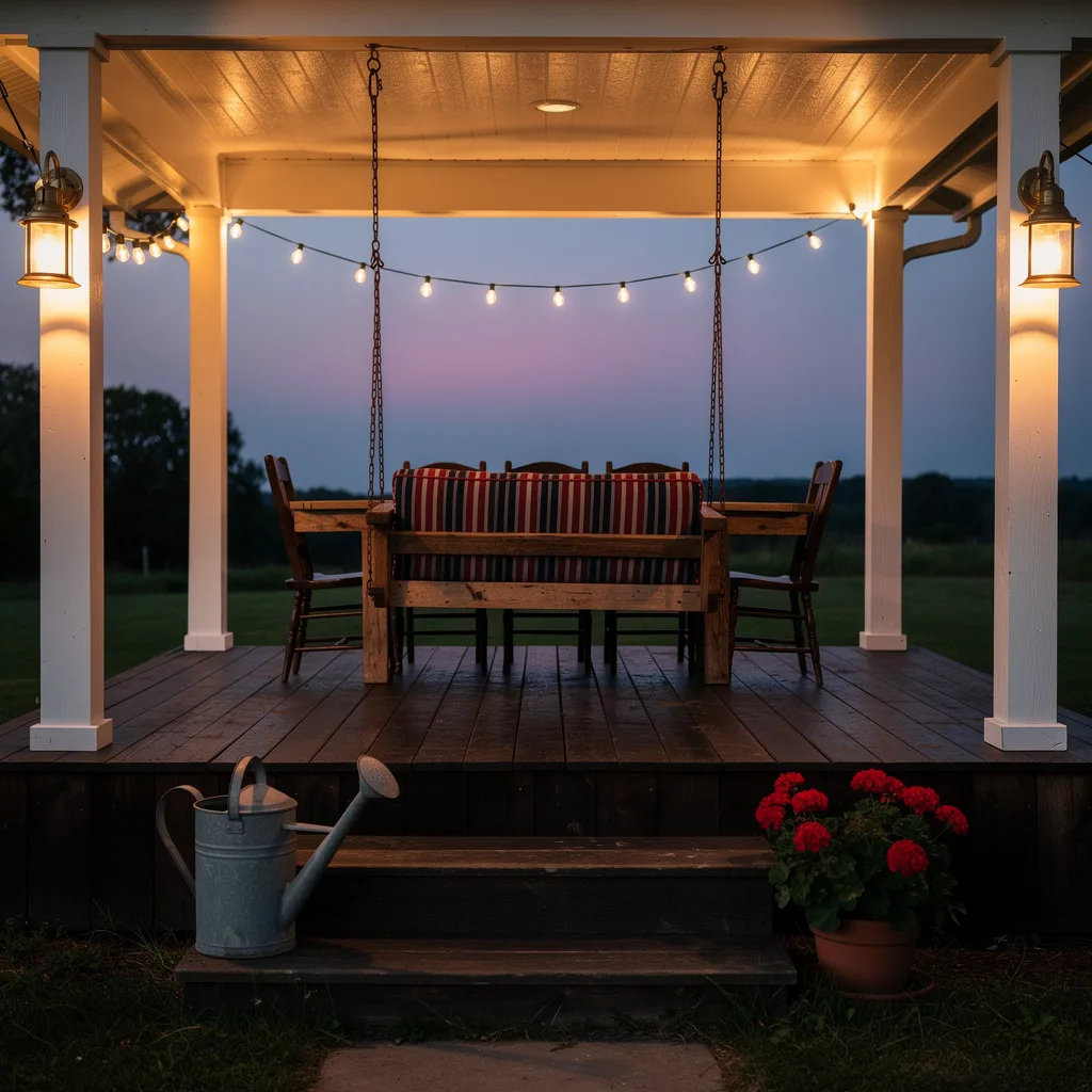 Porch Swing, Edison Lights, Dusk Setup