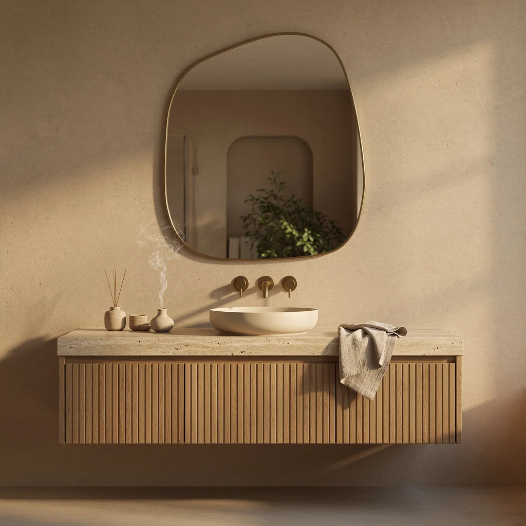 Squoval Mirror, Fluted Cabinet, Travertine