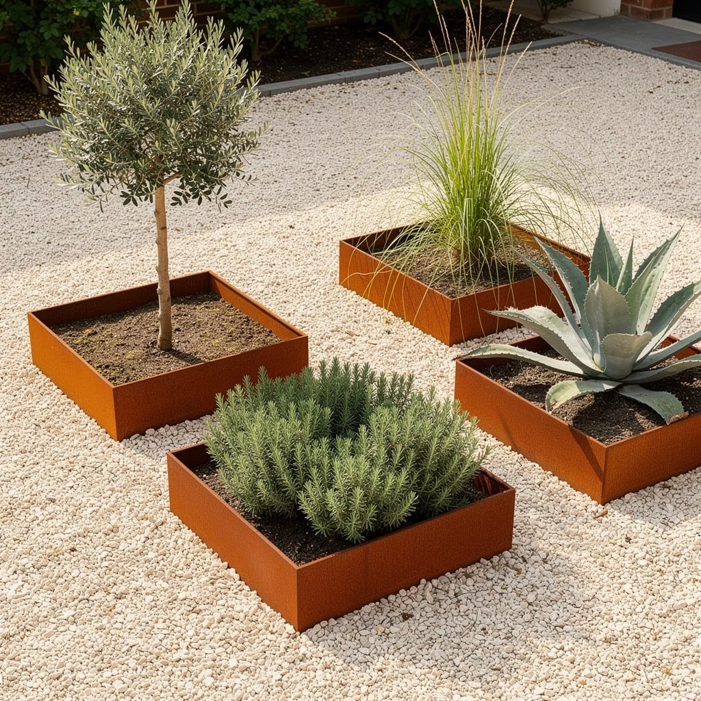 The Corten Steel Beds on White Gravel for a Contemporary Front