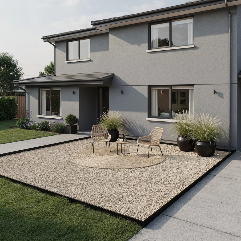 The Pale Gravel Patio With the Wicker Seating Set