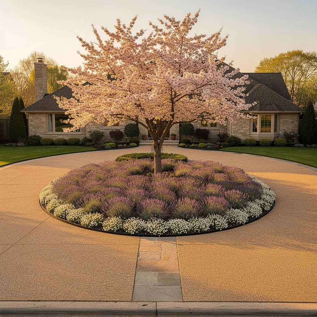 The Cherry Tree Circle Driveway With Lavender Island