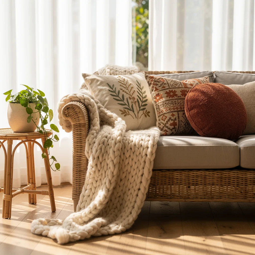 The Rattan Sofa with Chunky Throw