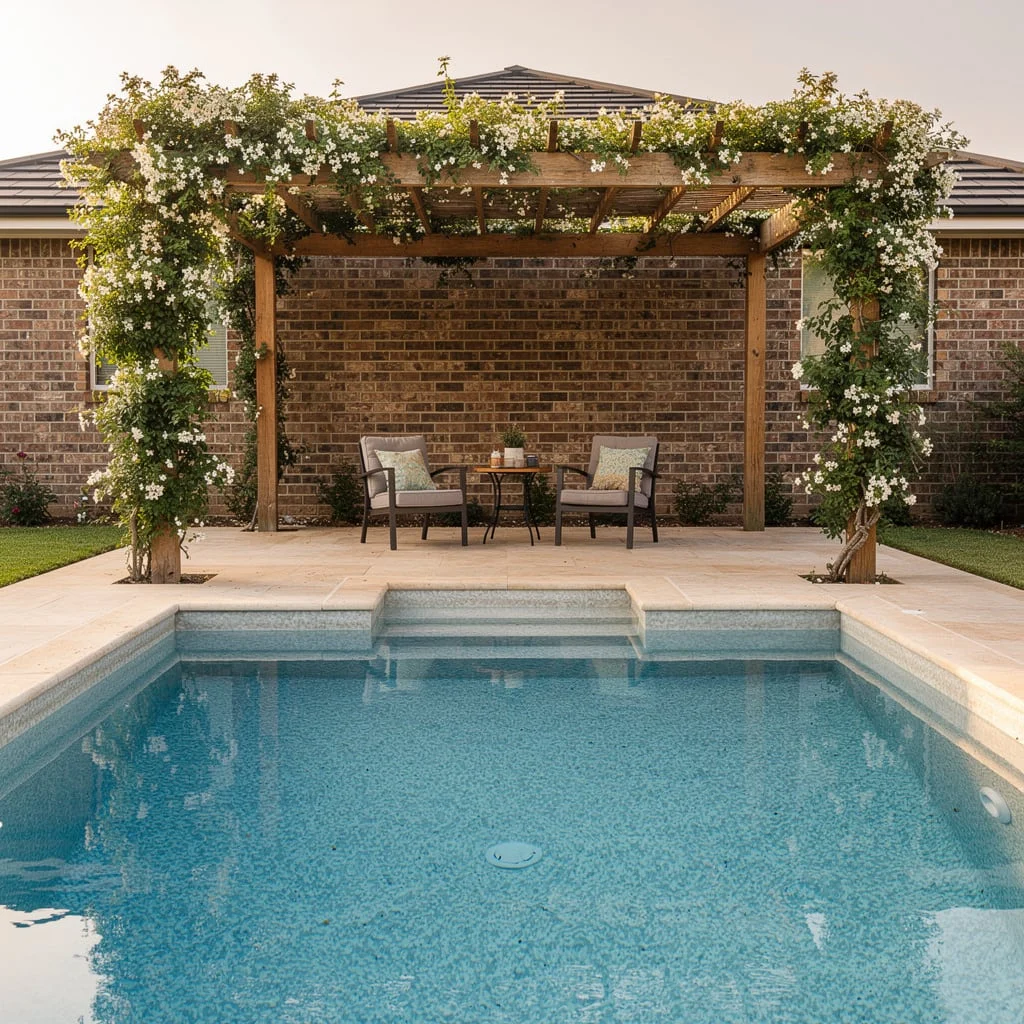 The White Flowering Jasmine Pergola as the Pool Seating Canopy