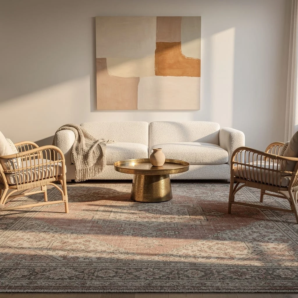 Boucle Sofa with Brass Coffee Table