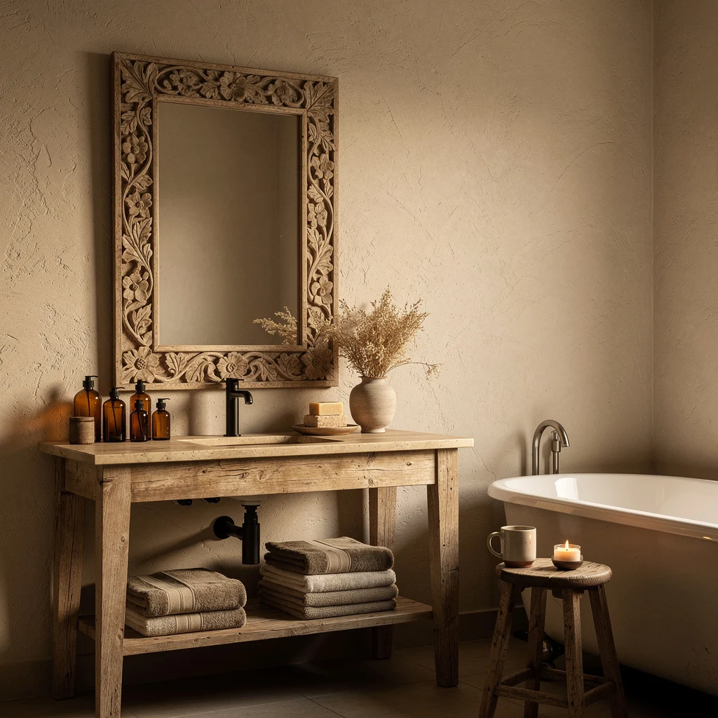 Reclaimed Wood Vanity, Carved Mirror