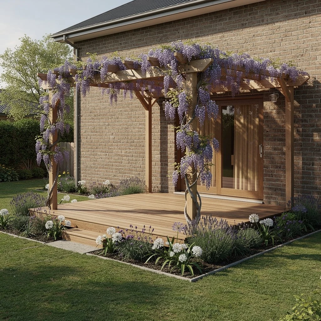 The Wisteria Pergola Over a Deck Platform That Connects Directly to the House Door