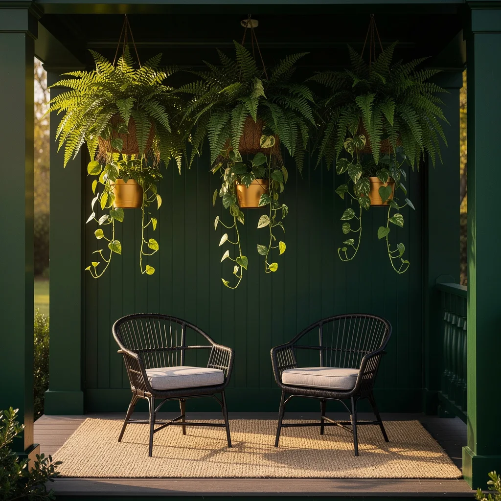 Dark Green Porch With Gold Hanging Pots