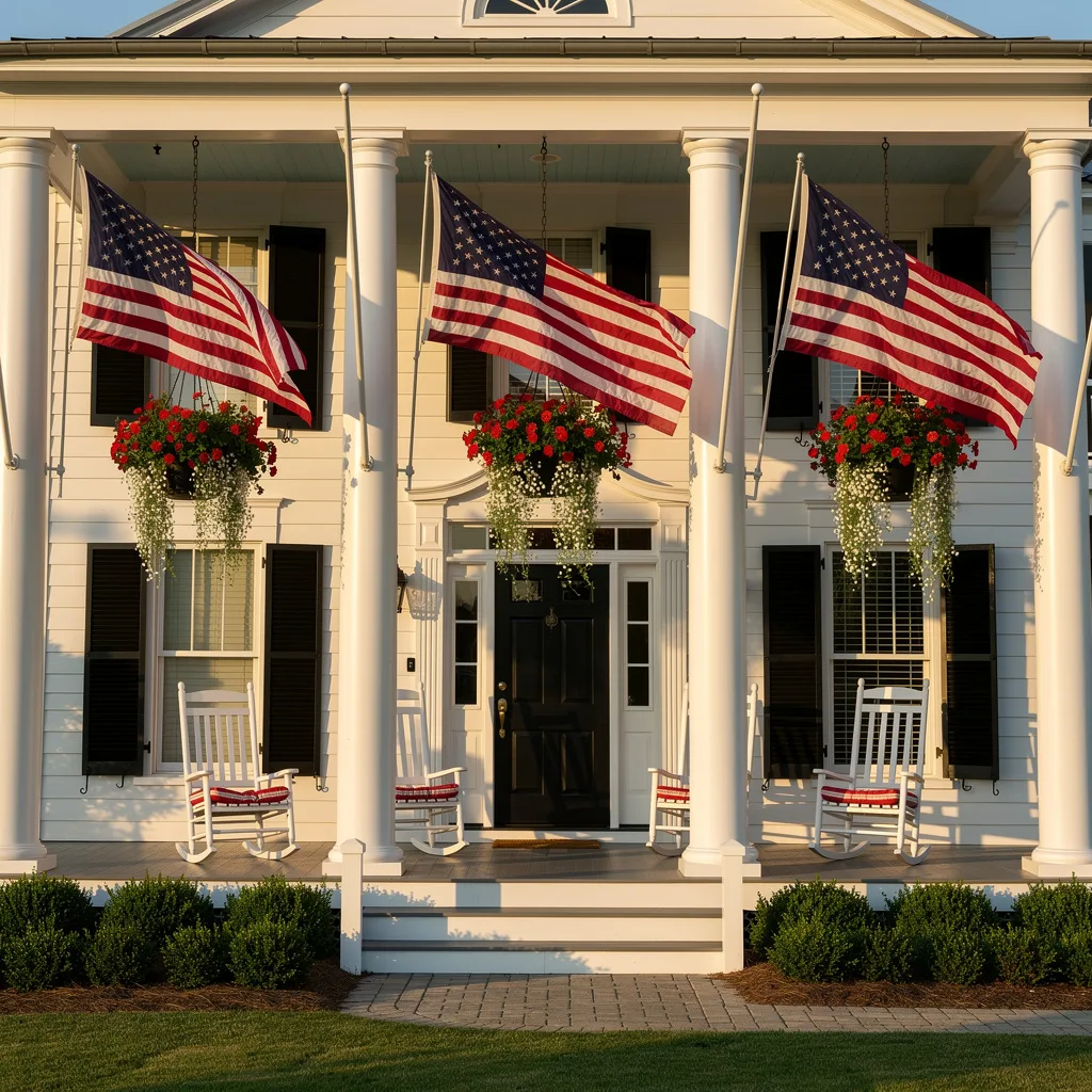 Columned Porch with Multiple Flags