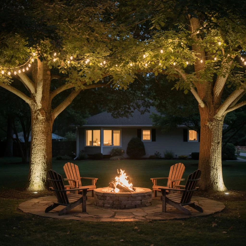 Globe Lights Between Trees With Stone Ring