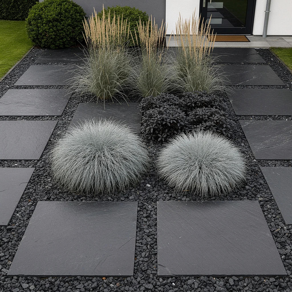 The Monochrome Minimal Front Garden with Slate and Silver Grass
