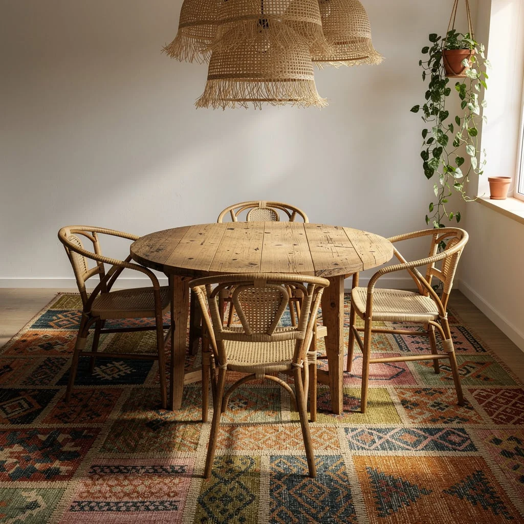 Patchwork Kilim Under a Round Dining Table