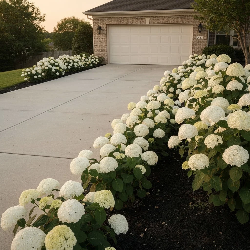 Annabelle Hydrangeas Along a Driveway