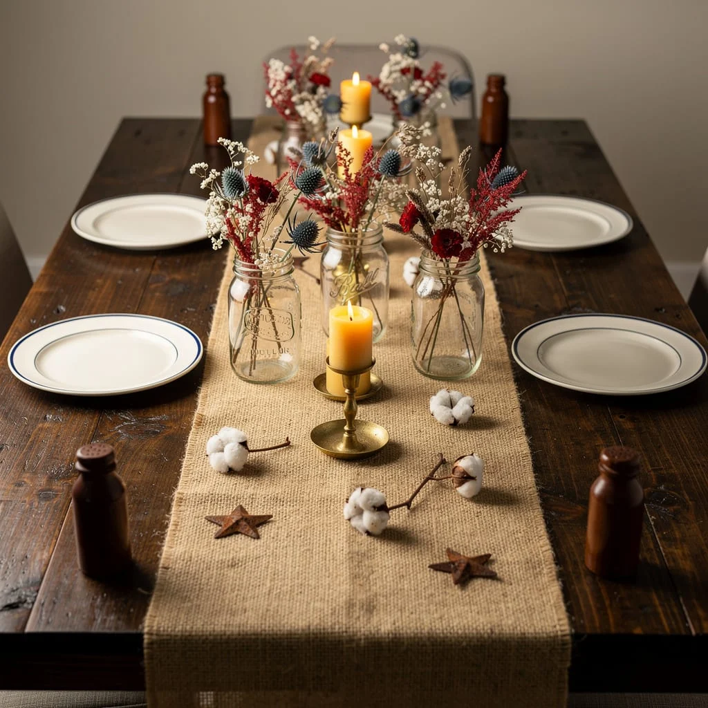 Dried Flowers, Mason Jars, Burlap Runner