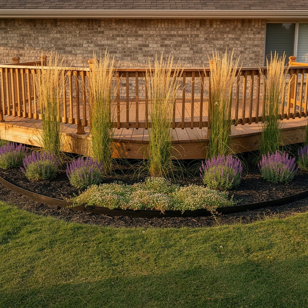 The Curved Deck Border with Ornamental Grass, Lavender, and a Steel Edging Strip