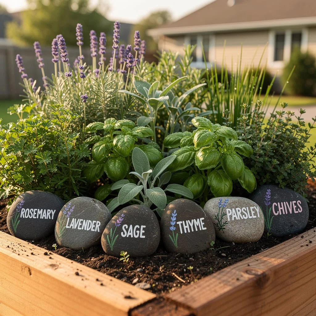 Painted Rock Labels in a Raised Bed