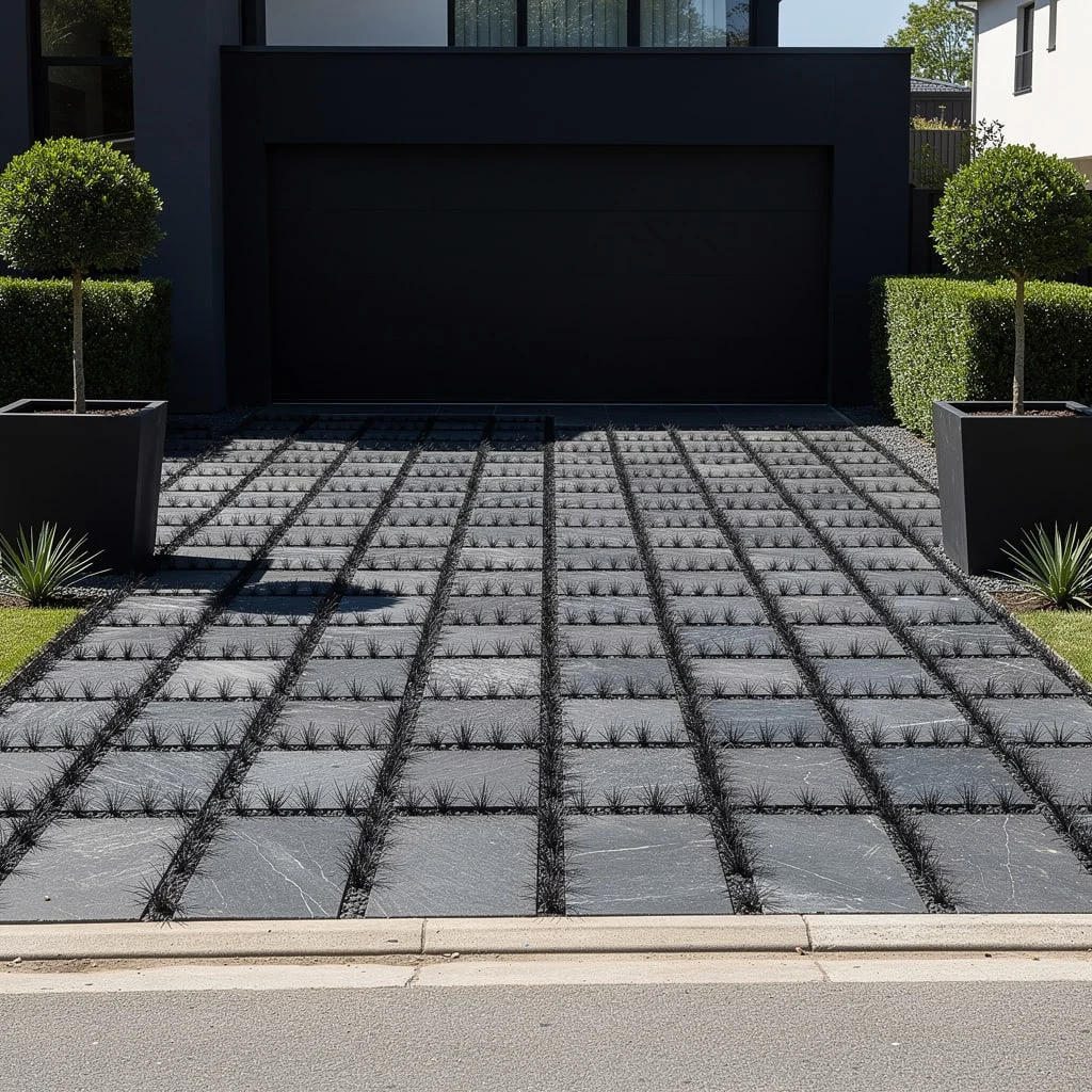 The Dark Granite Paver Grid With Black Mondo Grass Channels and Lollipop Topiary