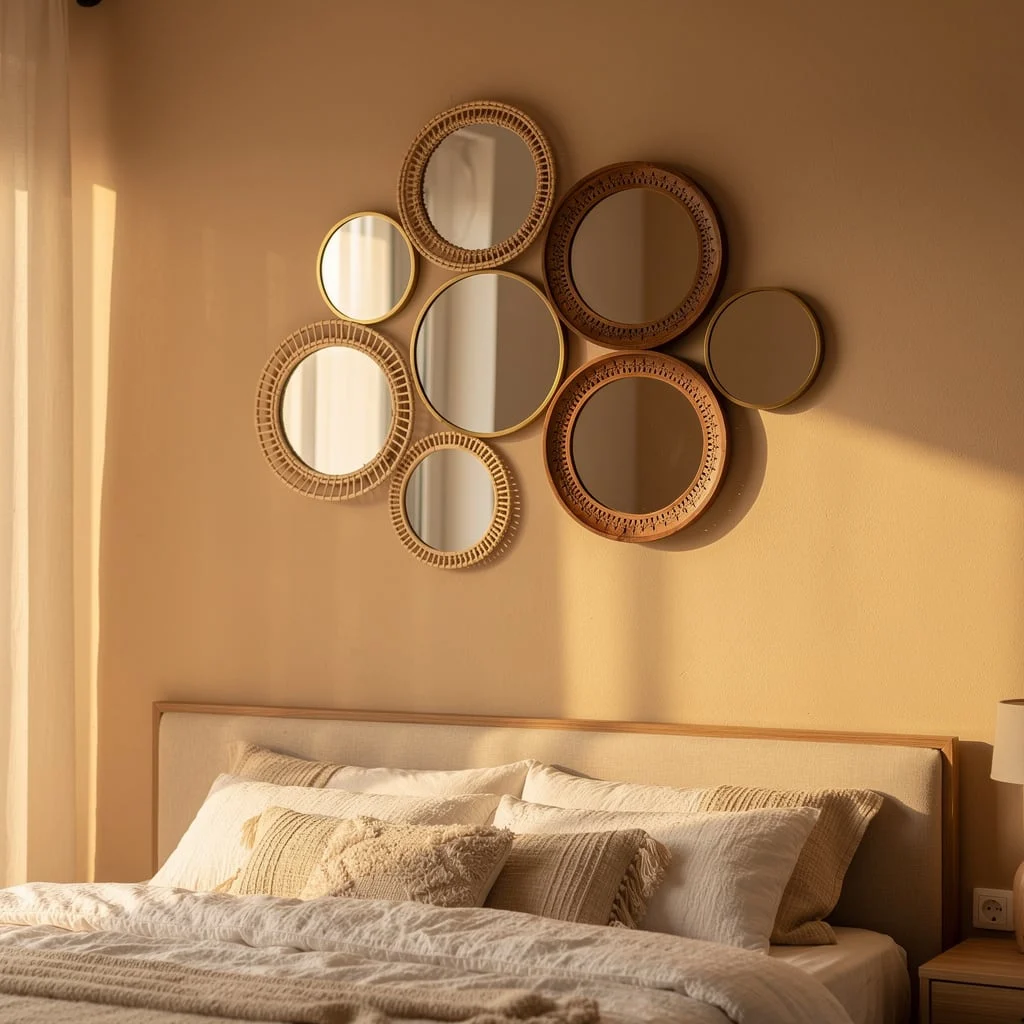 Clustered Round Mirrors Above Bed