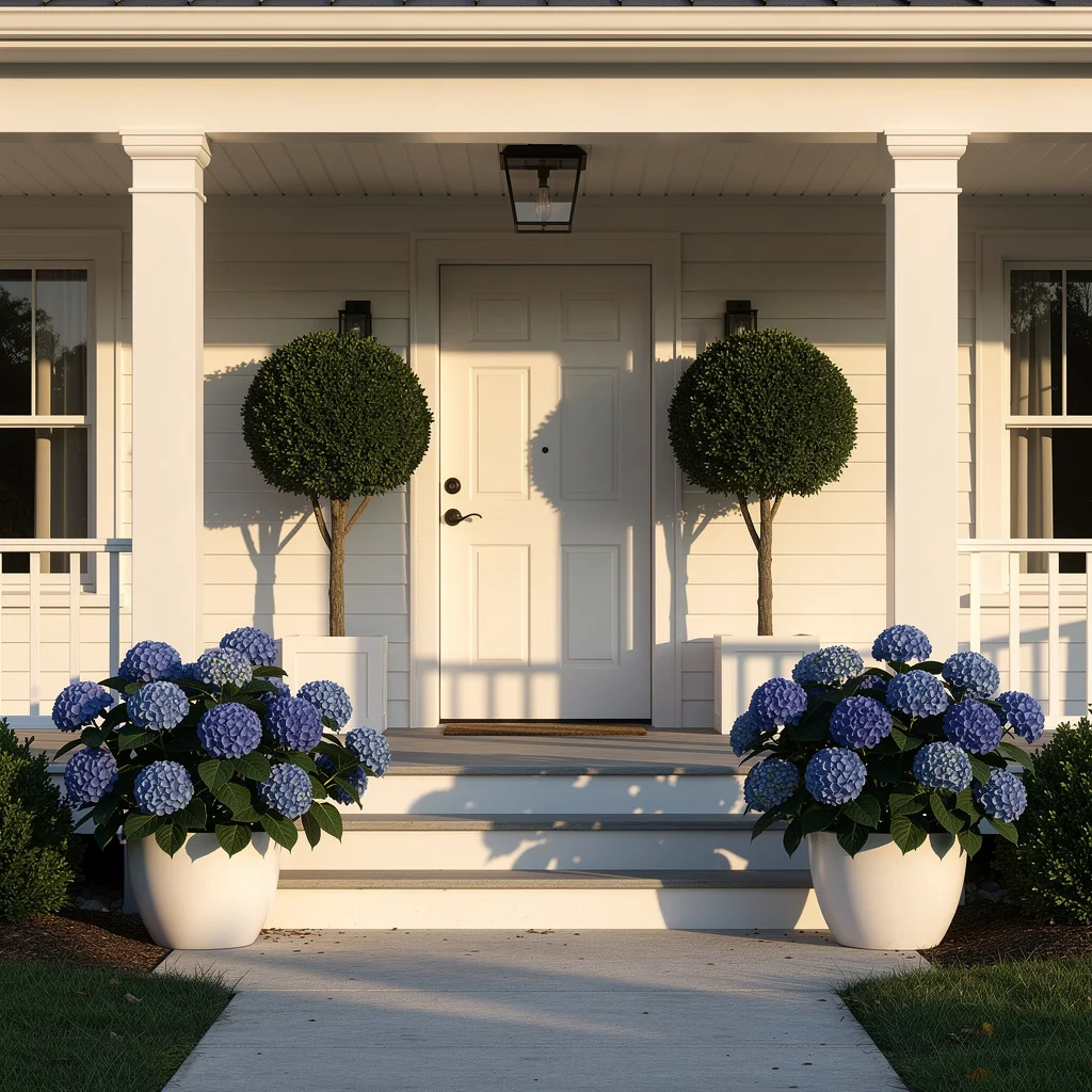 White Porch Pots With Boxwood Topiaries