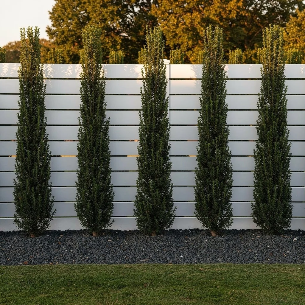 The Columnar Yew Against White Horizontal-Slat Fencing