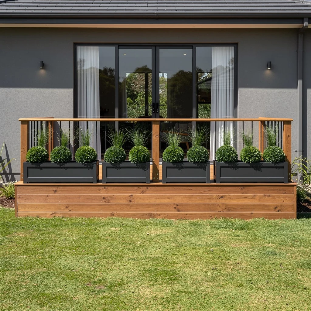 The Deck with Black Planter Boxes, Topiary, and Ornamental Grass Along the Railing