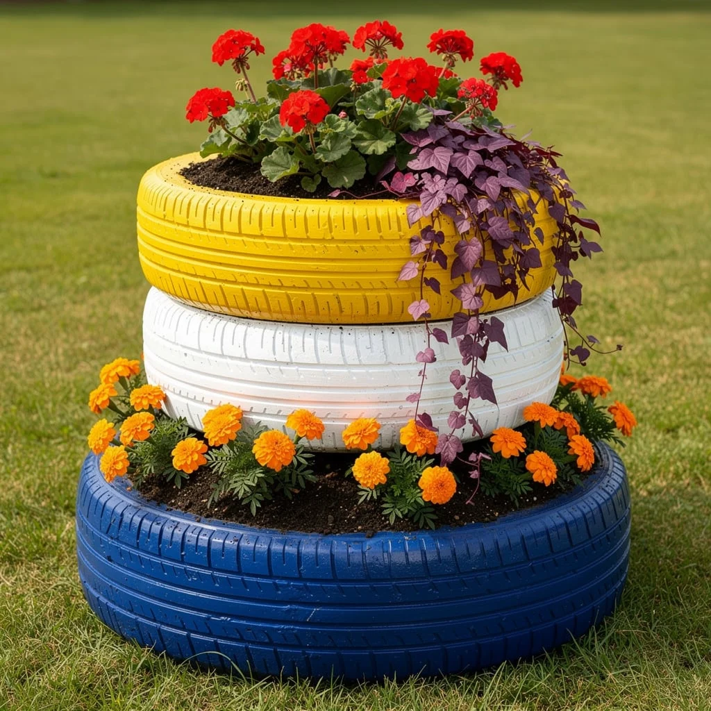 The Stacked Painted Tire Planter Tower