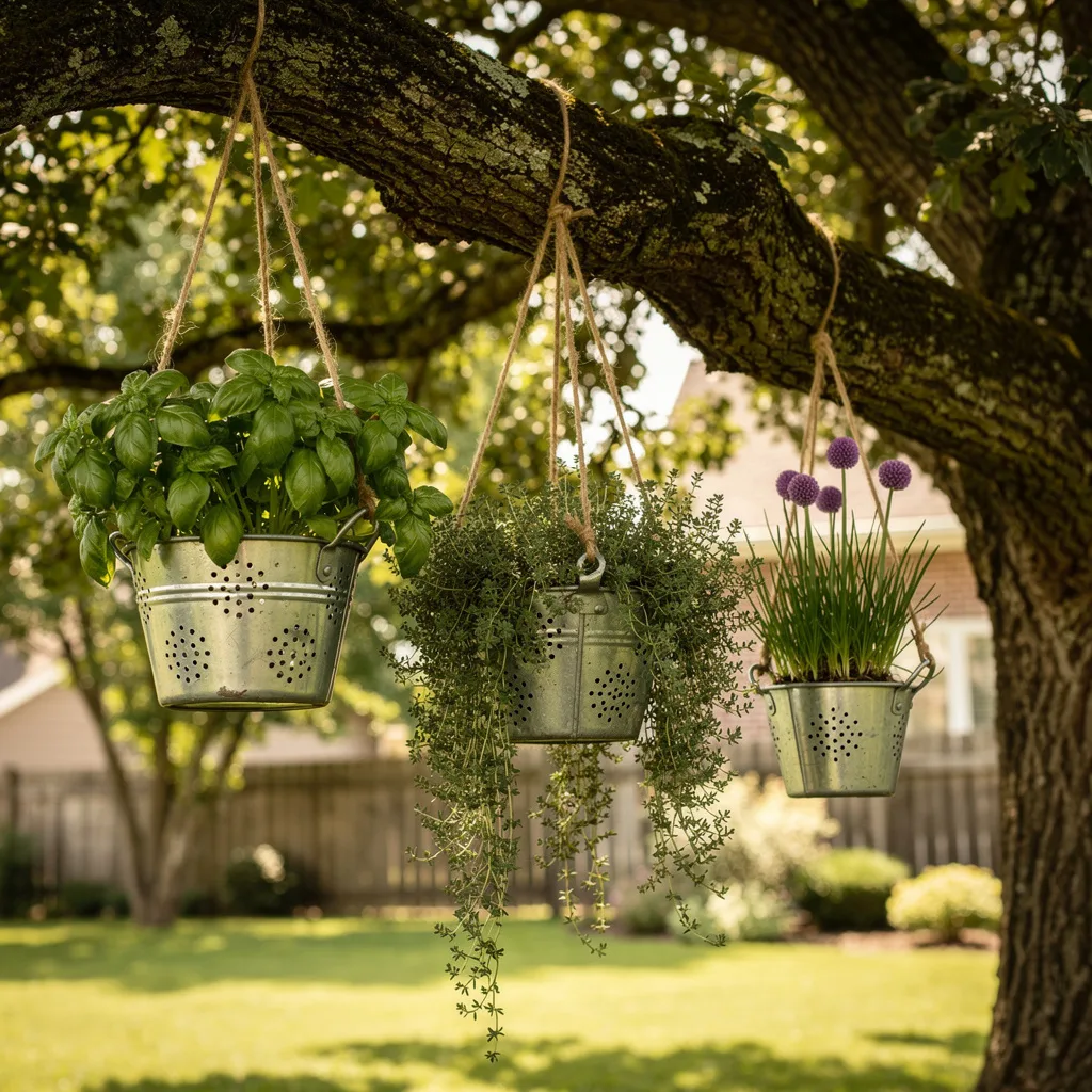 Galvanised Buckets from a Tree Branch