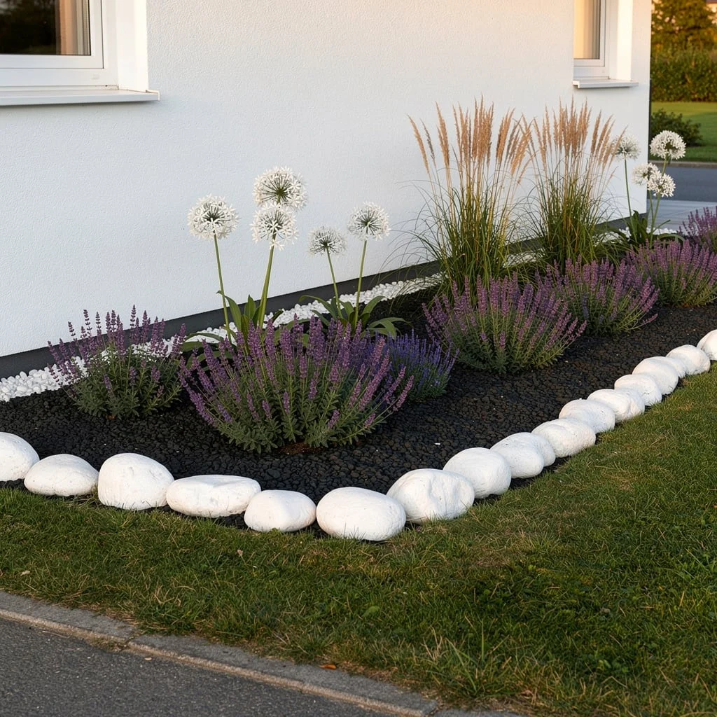 White Pebble Border Edging With Black Mulch and Alliums