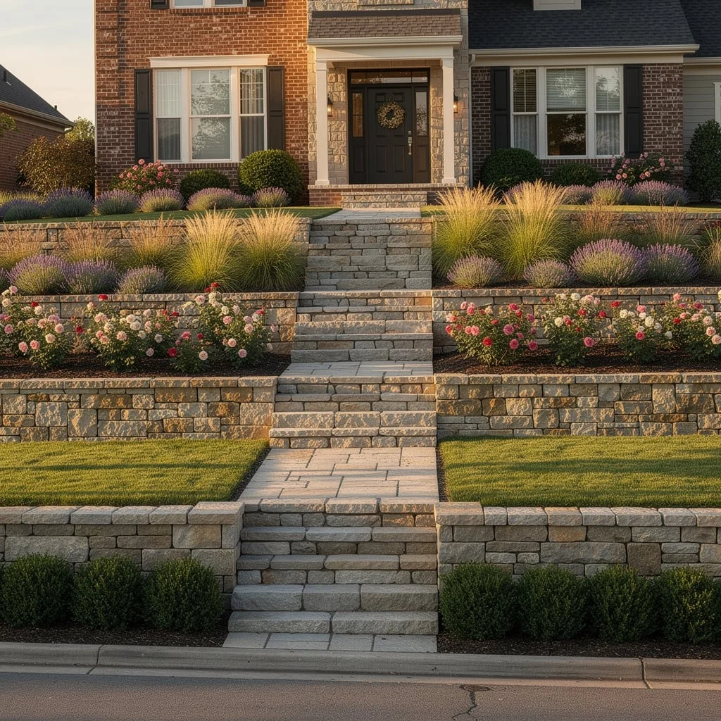 The Stone Terrace Front Yard With Three Levels and Stacked Wall Architecture