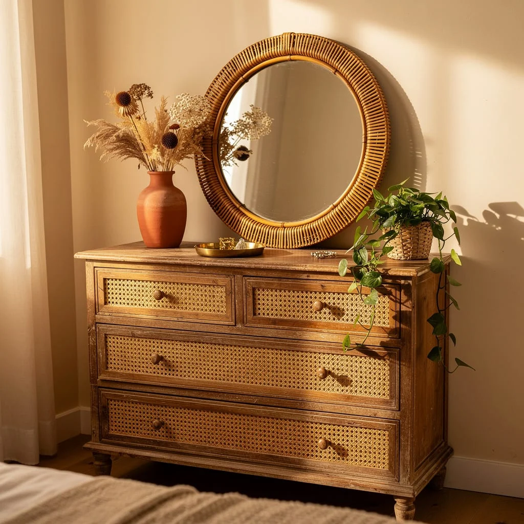 Cane-Front Dresser, Rattan Mirror