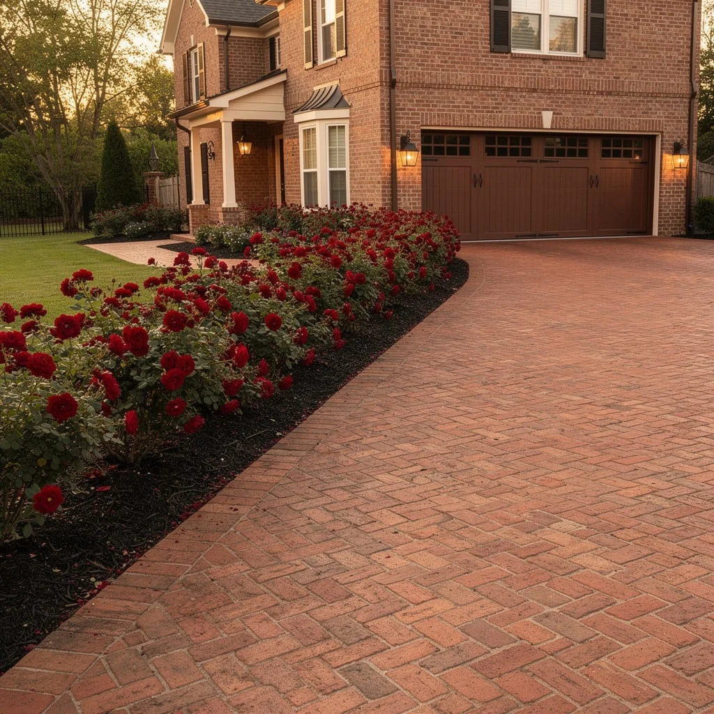 The Red Knockout Rose Strip Along a Clay Brick Paver Driveway