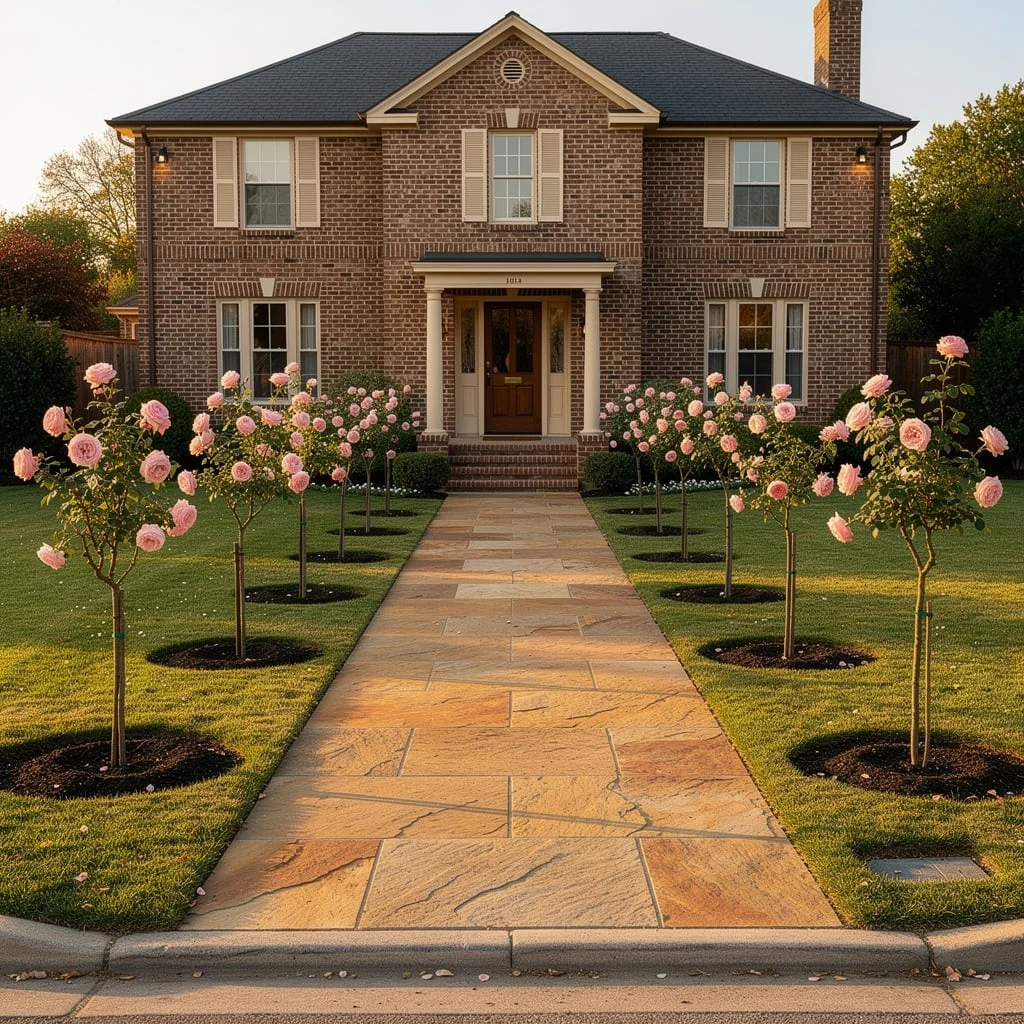 The Pink Rose Standard Allee on a Clay Brick Path That Made Romance Non-Negotiable