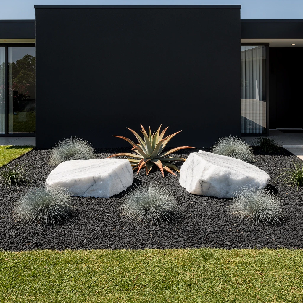 Black Gravel With White Marble Boulders