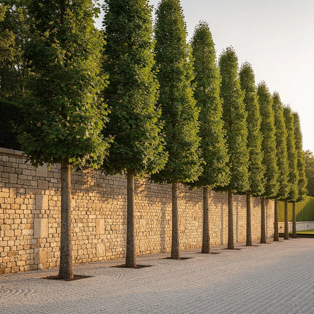 The Fastigiate Deciduous Tree Colonnade Against a Stone Wall