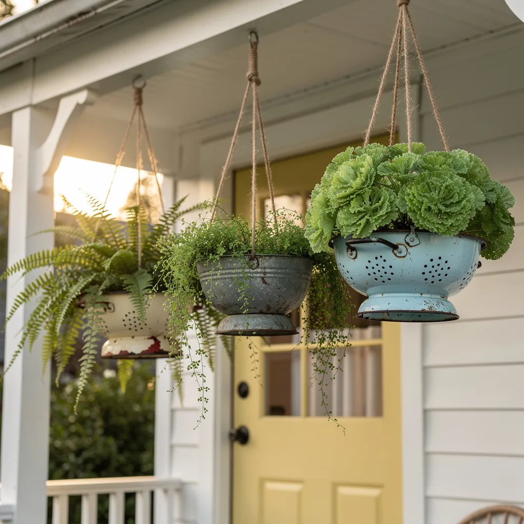 Enamel Colanders As Hanging Baskets