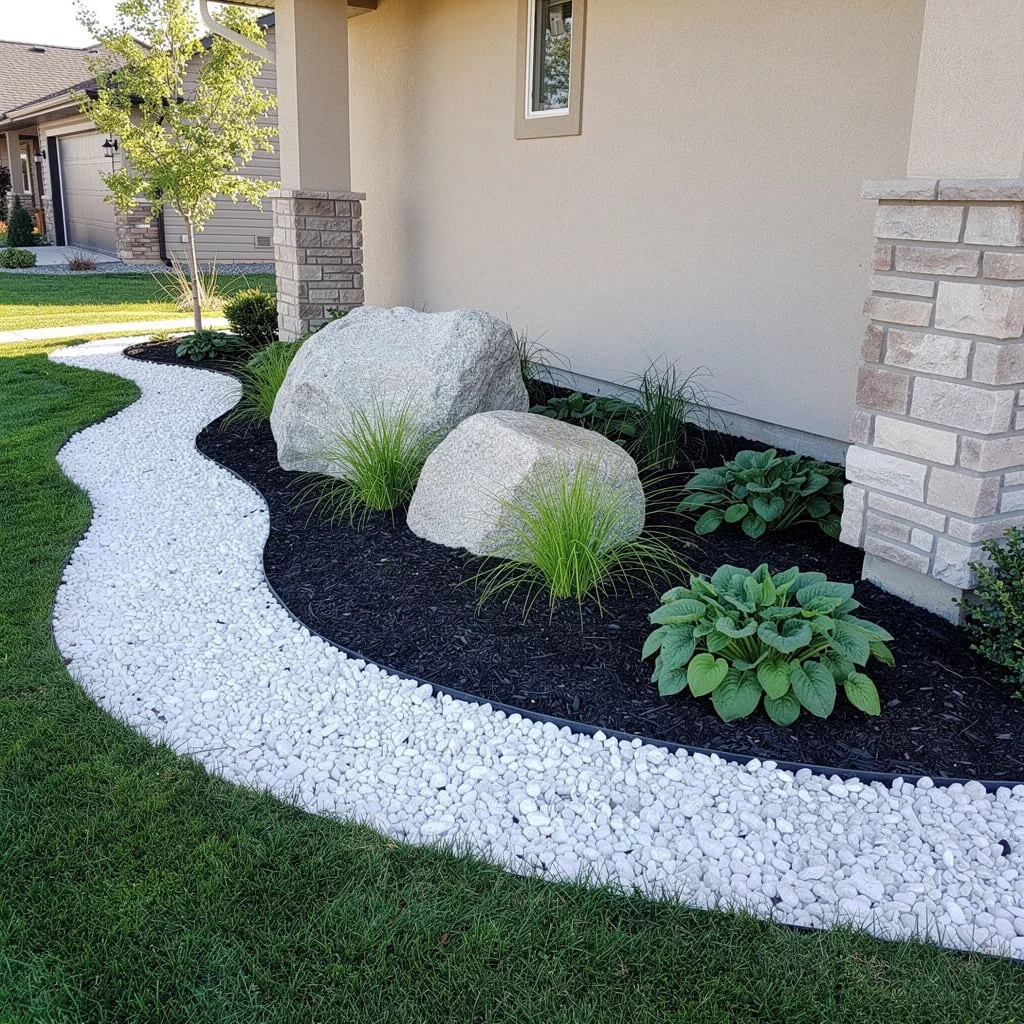 White Pebble River With Boulders and Hostas