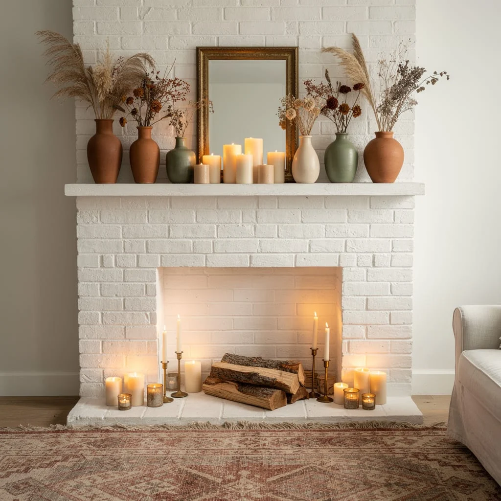 White Brick Fireplace With Earthy Vases
