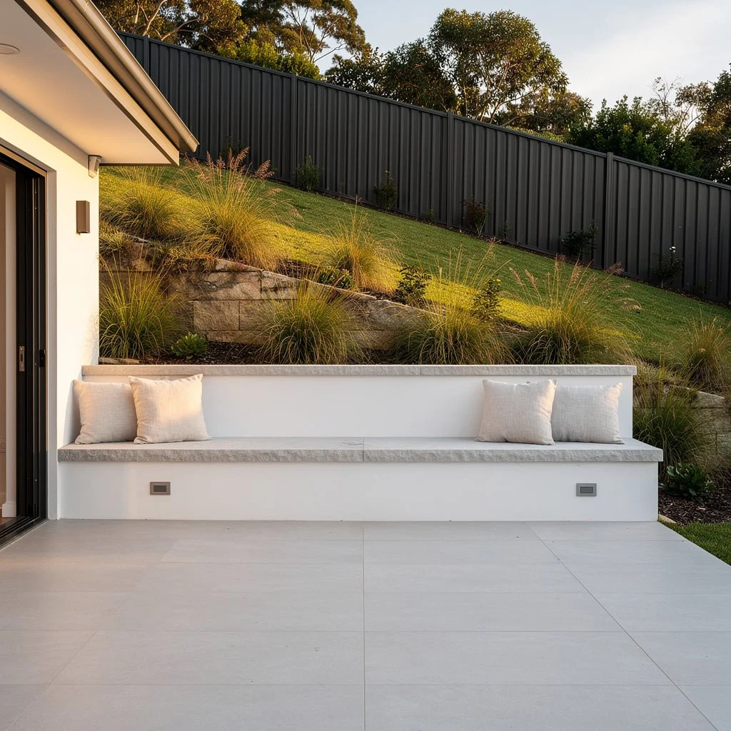 The Built-In Rendered Masonry Bench on a Paved Terrace with an Ornamental Grass Slope Behind