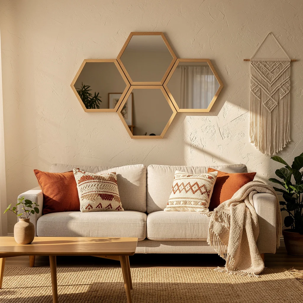 Three Hexagon Mirrors in Warm Living Room