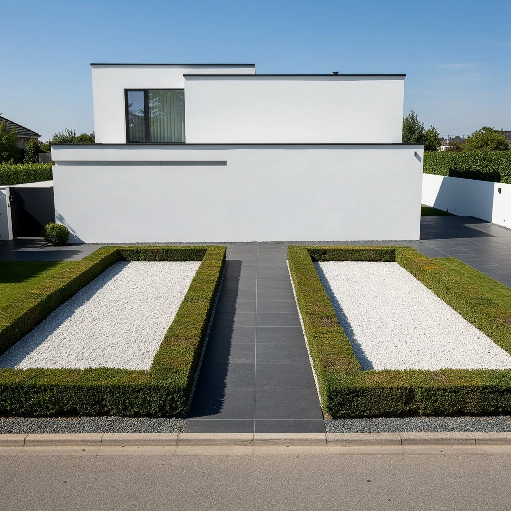 The Modernist Garden with Two White Gravel Panels Framed by Clipped Box Hedging
