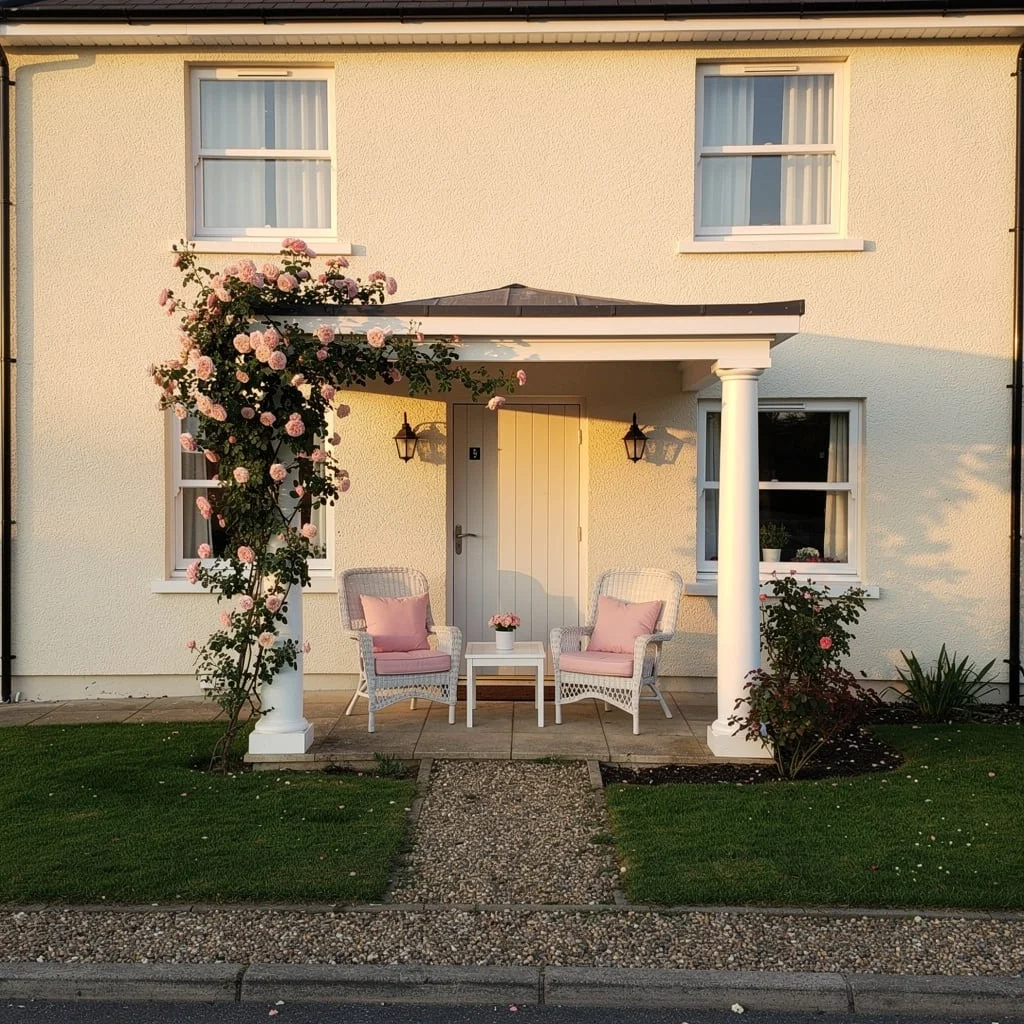The Rendered UK Cottage Portico with Wicker Chairs and Climbing Roses
