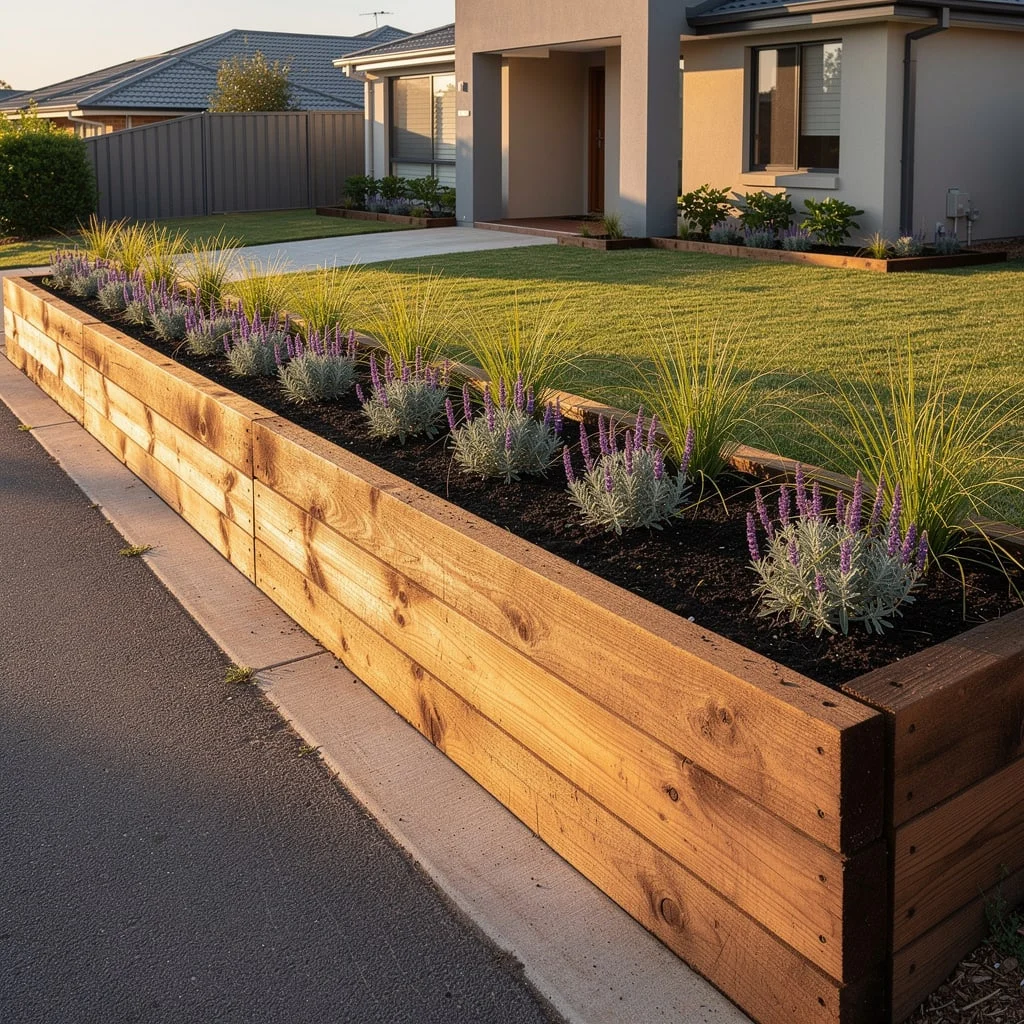 The Timber Sleeper Raised Border Along the Street Frontage with Lavender and Ornamental Grass