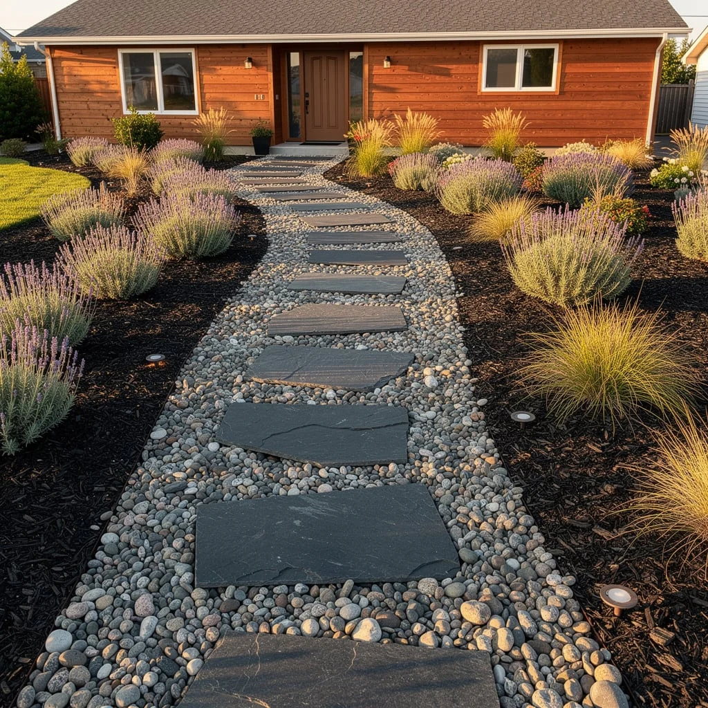 The Dark Slate and River Pebble Path Flanked by a Pollinator Garden