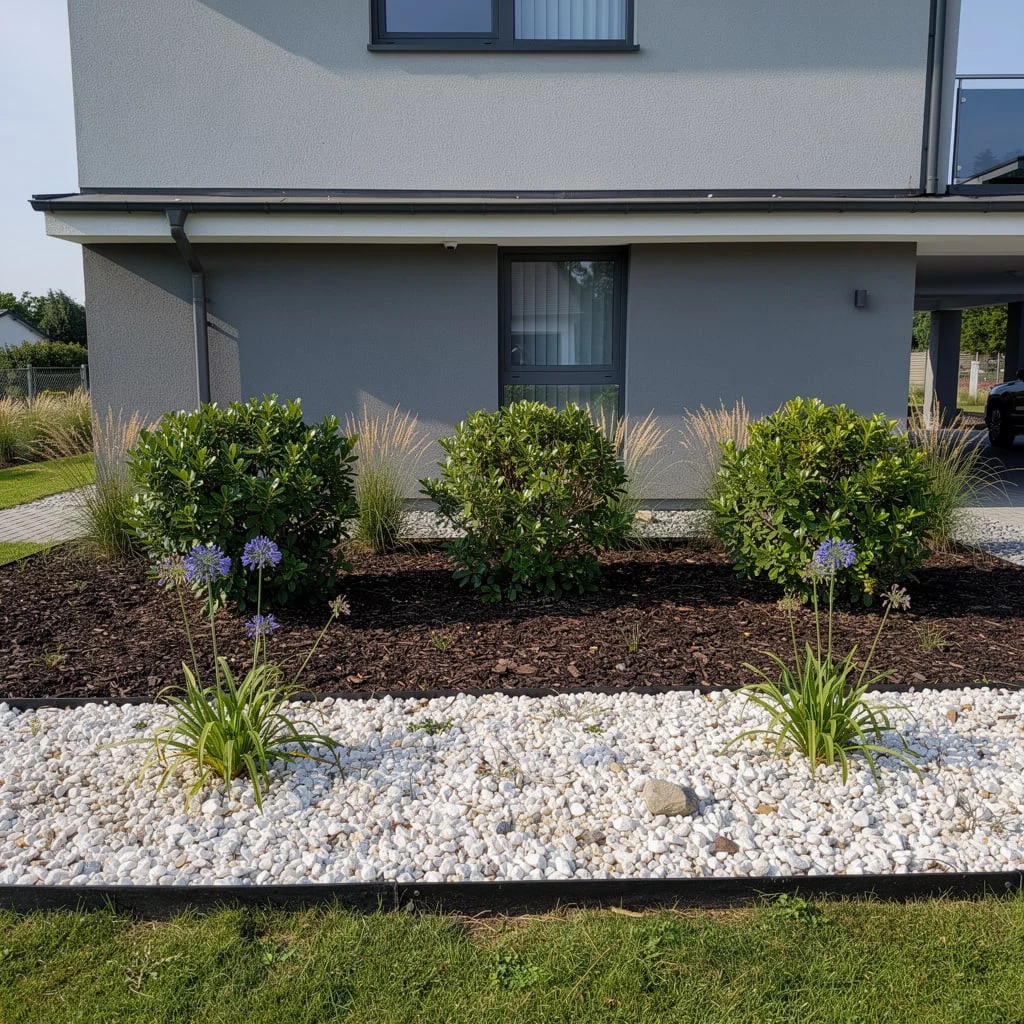 The White Gravel and Dark Mulch Front Bed with Architectural Geometry