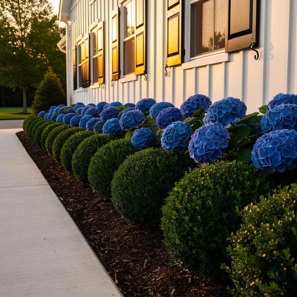 Blue Hydrangea Hedge Beds Against Siding