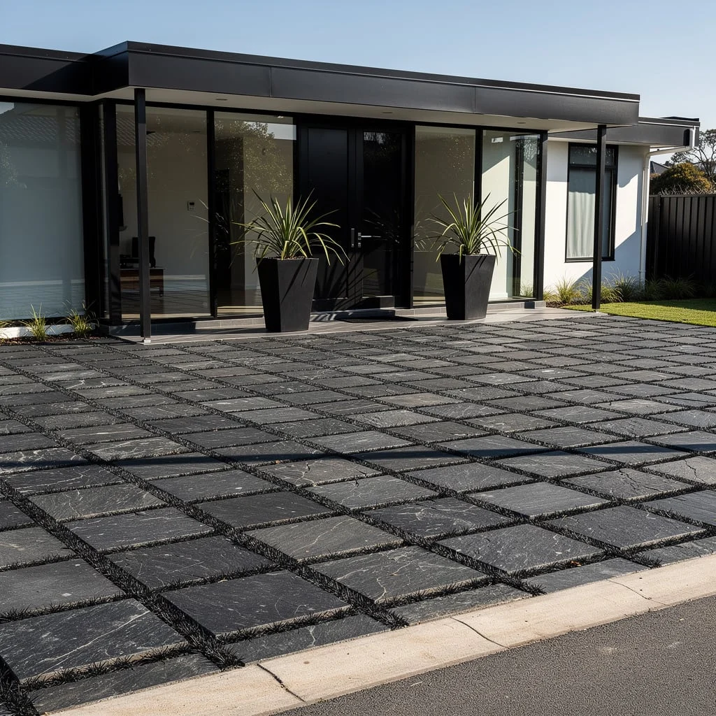 The Dark Modular Paving Grid with Upright Grass Planters and a Black Entry Door