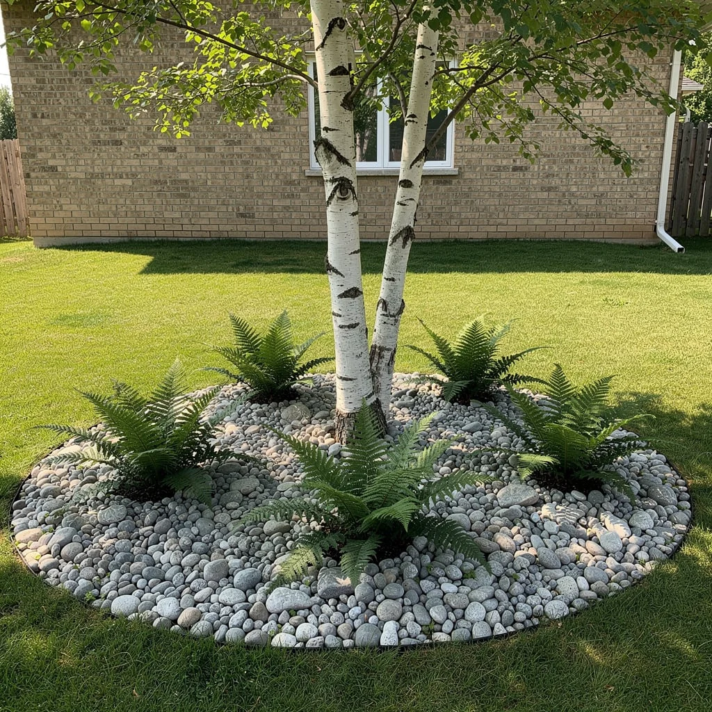 The White Birch Multi-Stem with River Stone Ground Cover and Fern Planting