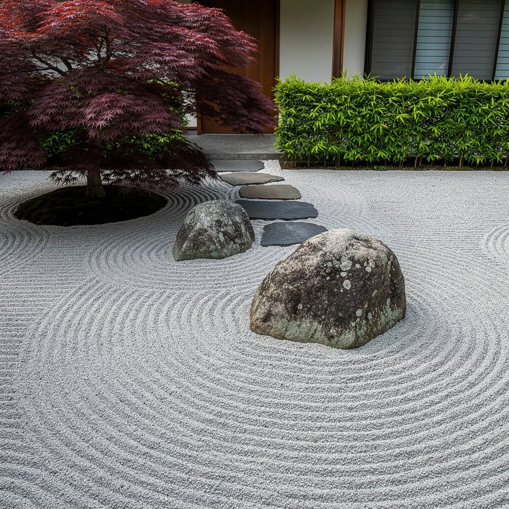 The Japanese-Inspired Garden with Raked Gravel and a Red Maple