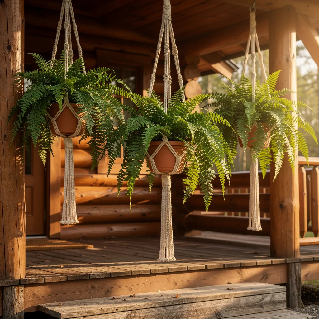 Macramé Hangers On A Log Cabin Porch