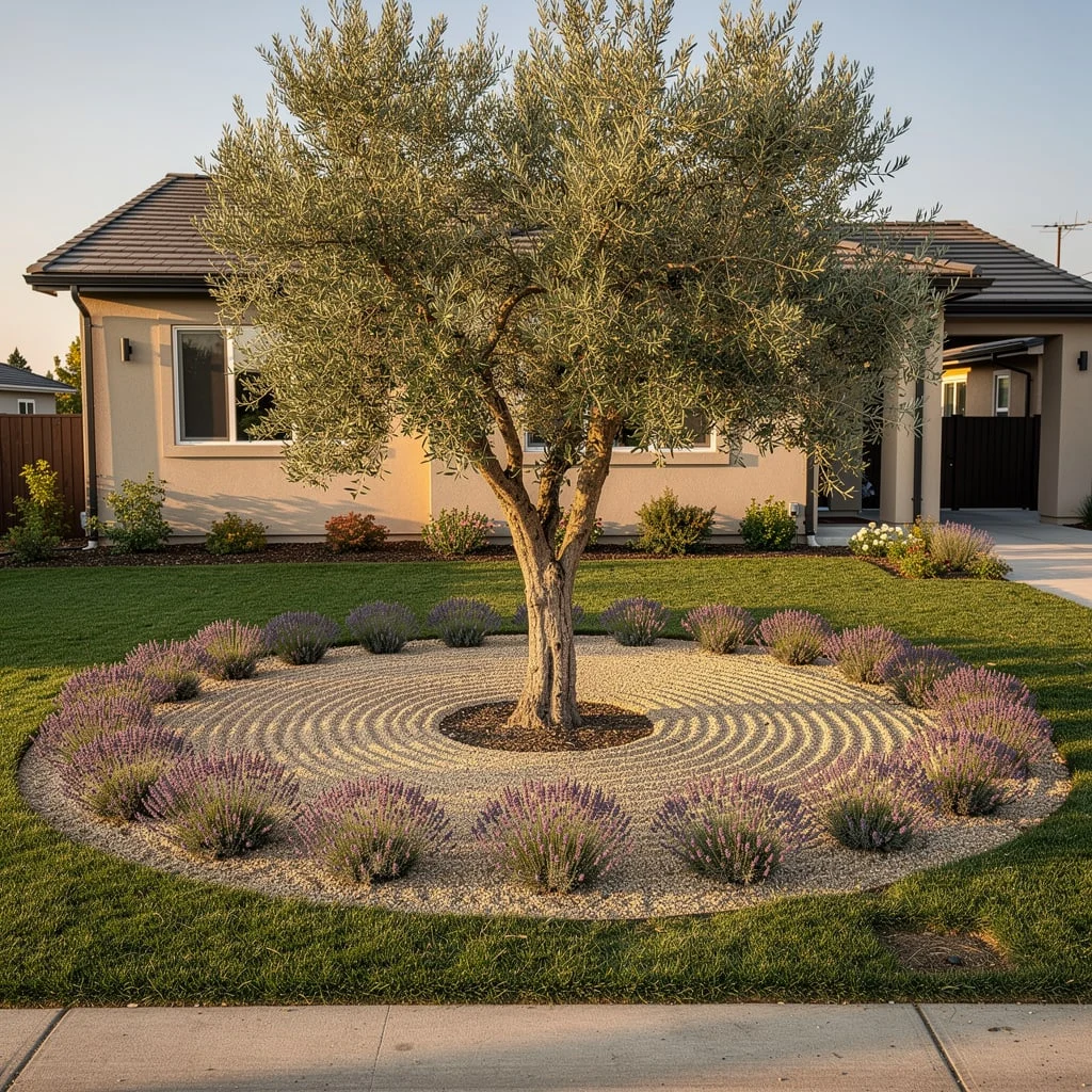 The Mature Olive Tree in a Raked Gravel Circle with Lavender Perimeter